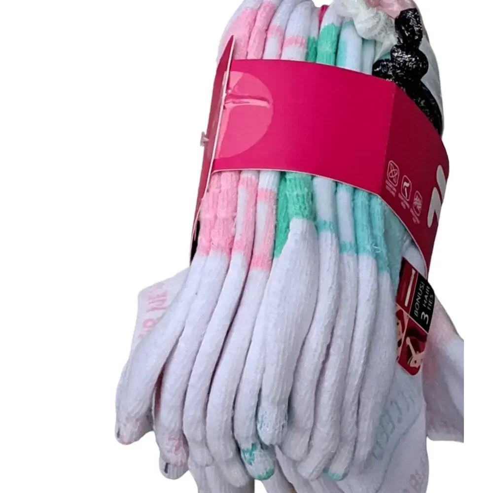 NWT Fila 10 Pairs Comfort Knit Soft Socks Bonus 3 Hair Ties Girls 7 to 10 Shoe